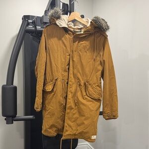 TNA Women's Hooded Parka Coat in Mustard Brown with Faux Fur Trim
